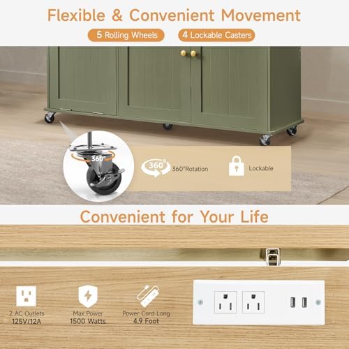 ONBRILL 60" Kitchen Island with Trash Can Storage, Rolling Island Table - Image 5