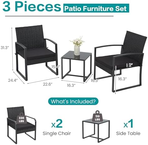 Bezseller 3-Piece Patio Furniture Set, Wicker Bistro Set, Black - Image 3