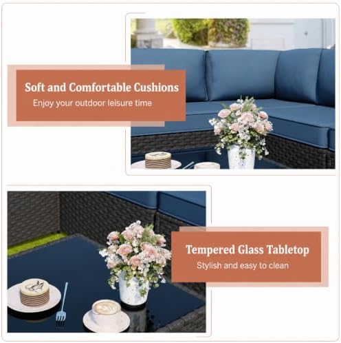 JAMFLY 5-Piece Patio Furniture Set, Outdoor Wicker Sectional Sofa with 4-Inch Thick Cushions & Coffee Table, All-Weather PE Rattan Conversation Set for Backyard, Garden, Poolside, Aegean Blue - Image 4