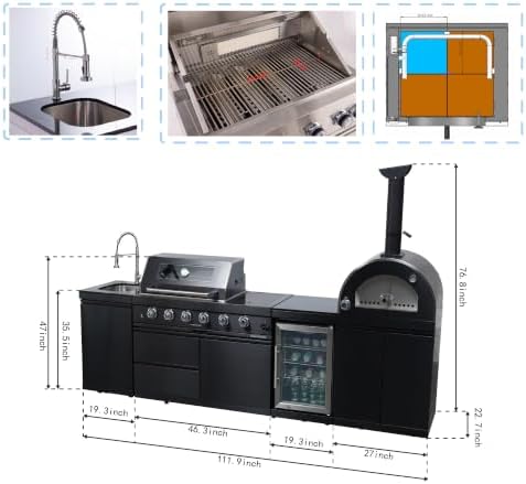 112" Outdoor Kitchen Island, 4-Burner Propane Grill, Pizza Oven, Black - Image 2