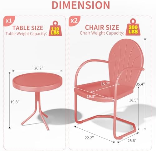 Outdoor 3-Piece Metal Bistro Set, Patio Conversation Set of 2,Pink - Image 2