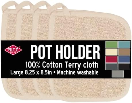 RITZ Terry Potholder & Hot Pad: Unparalleled Heat Resistant, Durable 100% Cotton – Ergonomically Designed for Optimal Grip – Easy-Care Machine Washable – 4-Pack, Latte by RITZ