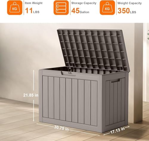 45 Gallon Waterproof Resin Deck Box, UV Resistant Outdoor Storage for Garden, Patio, Porch, Delivery（Grey，45 Gallon） - Image 2