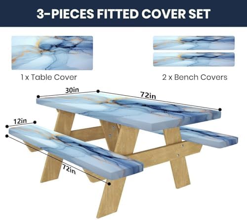 CAPSCEOLL Fitted Picnic Table Cover with Bench Covers 6ft - Blue Marble - Image 2