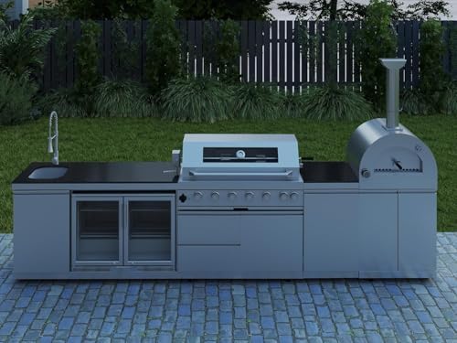 147" Outdoor Kitchen Island,Natural Gas BBQ Grill with Pizza Oven,Rotisserie,Double Door Refrigerator,Storage Cabinets,Granite Countertop & Drawers,120,000 BTU,Stainless Steel Material. - Image 4
