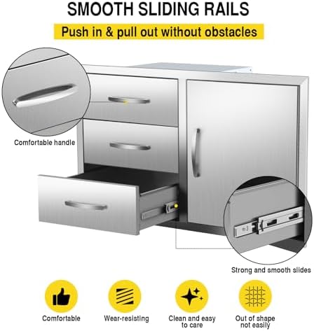 Outdoor Kitchen Drawer Combo BBQ Access Triple Drawers with Single Door 38.3''W x 22.7''H x 20.7''D with Handles for BBQ Island Grill Station, Stainless Steel - Image 5