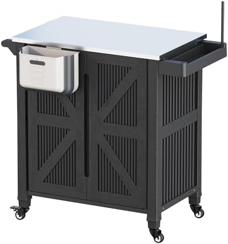 Outdoor Grill Cart with Stainless Steel Top, Outdoor Kitchen Island BBQ Prep Table, 2-Tier Storage Cabinet, Rolling Utility Station with Hanging Trash Bin, Wheels, Side Shelf for Patio, Yard, Picnic - Image 2