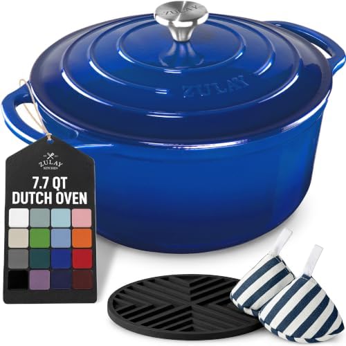 Zulay Kitchen 7.7 Quart Enameled Cast Iron Dutch Oven Pot with Lid – Premium Durability & Oven Safe up to 500°F – Heavy Duty Cookware Perfect for Bread Baking, Stews, Braising & Roasting – Blue by ZulayKitchen