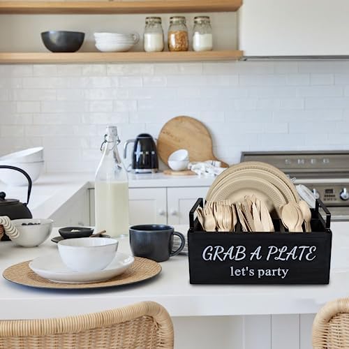 Paper Plate Holder, Utensil Caddy Organizer, Wood Paper Plate Dispenser, Silverware Caddy Holder, and Disposable Coffee Bar Accessories Box for Kitchen Counter, Party, Camping, Picnic (4 compartment) - Image 2