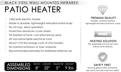 Fire Sense 60460 Wall Mounted Infrared Patio Heater 1500 Watts Weatherproof Lightweight for Indoor Outdoor Use 6 Foot Non Retractable Electrical Cord Mounting Bracket - Black - Image 6