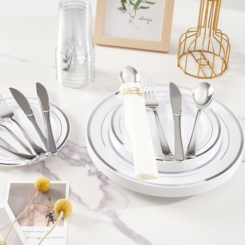 Fijinhom 350Pcs Silver Disposable Plates, Plastic Plastic Set for 50 Guests - Image 3