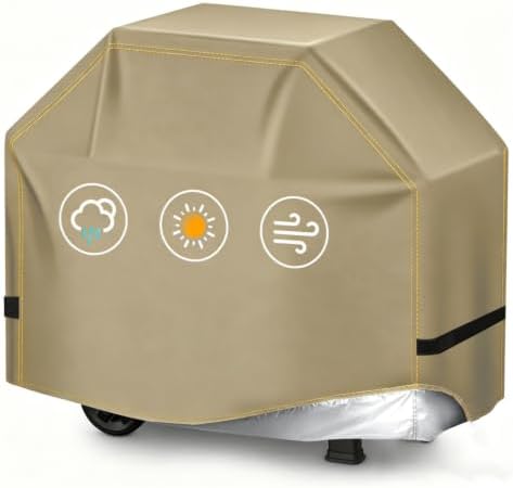 BBQ Gas Grill Cover for Outdoor, Anti-UV, Rip-Proof, 600D Oxford Fade Resistant Material, Barbecue Cover with Hook and Loop Straps & Adjustable Hem Drawstring (Beige, 48”x22”x42”) by TIAOFY