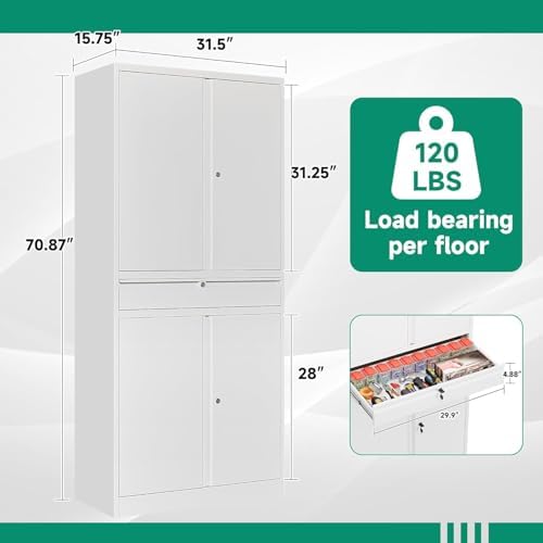 Letaya Metal Garage Storage Cabinet with Drawer,4 Door Tool Cabinet with Lock-2 Adjustable Shelves for Garage Home Office Utility Room (White) - Image 3