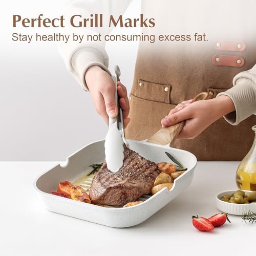 SENSARTE Nonstick Ceramic Grill Pan with Lid, Grill Pan for Stove Tops, Square Grilling Pan with Pour Spouts, Durable Grill Skillet for All Stoves, Steak Bacon Pan, Non Toxic PTFE,PFAS,PFOA Free - Image 3