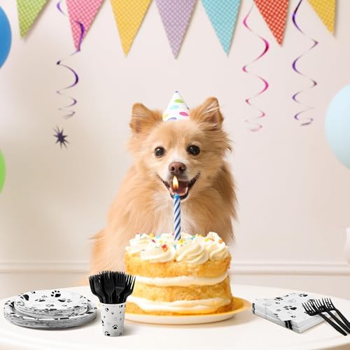 Kochorie 144 Pieces Black Paw Print Party Tableware Sets Including Disposable Plates Napkins Cups Forks Serves 24 for Dog Puppy Theme Party Supplies - Image 5