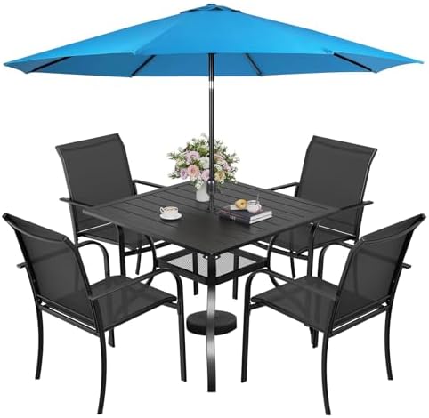 Incbruce 6 Pieces Patio Dining Set with Sky Blue Umbrella, Outdoor Dining Set of 4 Textilene Chairs and Square Table with Umbrella Hole for Backyard, Garden, and Poolside (Black) by Incbruce
