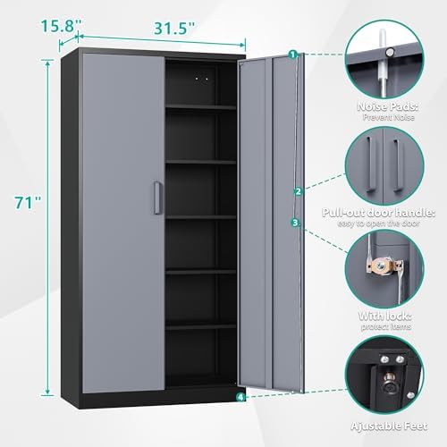 SISESOL Metal Storage Cabinet with 5 Adjustable Shelves,Garage Storage Cabinet with Lock,Metal Cabinets with Locking Doors,71" Lockable Tool Cabinets for Home,Office,Shop,Garage - Image 3