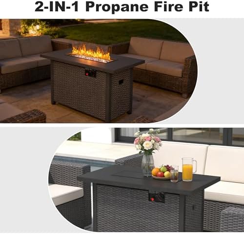 Patio Furniture Set w/ Fire Pit Table, 6PCS Outdoor Conversation Sets Waterproof Rattan Sectional Sofa with 4” Thickened Cushion Modular Wicker Patio Furniture Set with Glass Top Table (Black) - Image 7