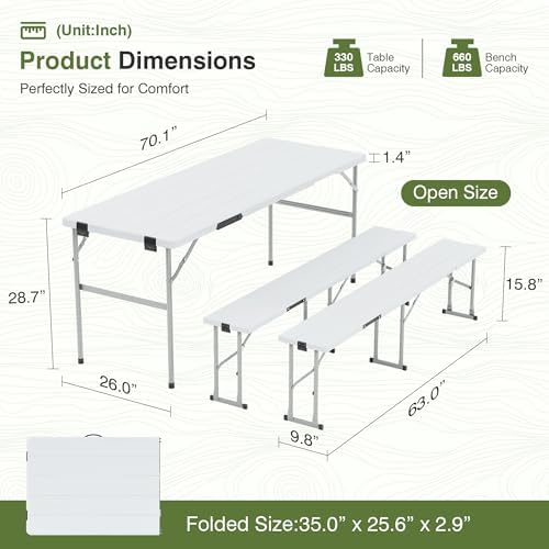 Picnic Table Set with 2 Benches,6 Feet Folding Camping Table Chair Set with Wood Grain Tabletop,3-Piece Outdoor Indoor Portable Folding Furniture for Party, Camping, Picnic, Weddings (White) - Image 3