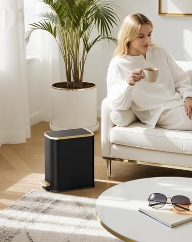 Cesun Small Bathroom Trash Can with Gold Grimmed Lid & Pedal, 1.3Gal, Black - Image 2