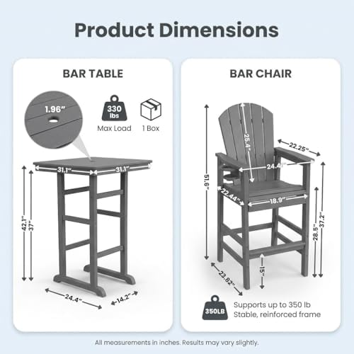 3-Piece HDPE Bar Height Table and Chairs Set, 42.1" Square High Top Pub Table with Umbrella Hole, 2 Adirondack Charis with Cup Holders, Outdoor Patio Dining Set for Bistro Backyard Deck Gray - Image 2