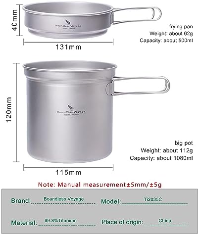 Titanium Pot Pan Set with Folding Handle Outdoor Camping Soup Pot Bowl Frying Pan Mess Kit Picnic Cookware - Image 2