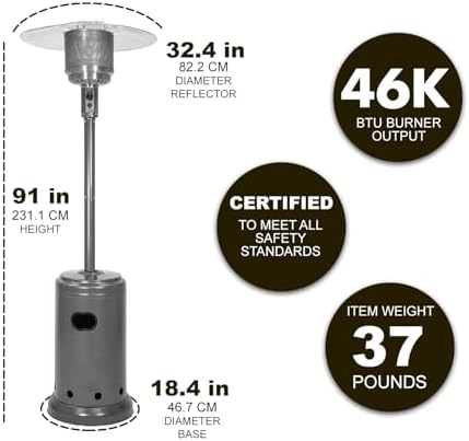 Amazon Basics 46,000 BTU Portable Outdoor Propane Patio Heater with Wheels, Commercial & Residential with Water Tank, Adjustable Heat Output, 9-Foot Radius, Slate Gray, 32.1"L x 32.1"W x 91.3"H - Image 2