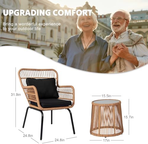 3 Piece Outdoor Wicker Furniture Bistro Set, Rattan Chairs Conversation Sets with Solar Light, Wicker Patio Furniture for Balcony Poolside Backyard, Black - Image 6