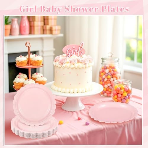 NatNarr 30 Pk Pink Paper Plates 9" Disposable Scalloped Pink Birthday Plate - Image 6