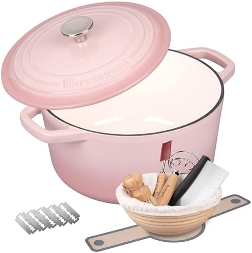 VORRINGARD Enameled Cast Iron Dutch Oven Pot with Lid, for Bread Baking, Round Bread Oven- include Sourdough Bread Baking Supplies Set, 6QT, Pink by Unknown