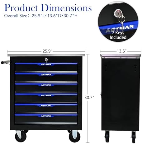 6-Drawer Heavy-Duty Rolling Steel Tool Cart with Handle&Wheels, Metal Storage Organizer Cabinet, Tool Chest for Efficient Tool Storage in Garage, Warehouse, Workshop, Repair Shop, Blue - Image 3