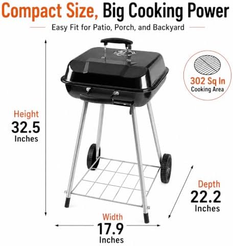 Charcoal Grill 17.5" Square Portable BBQ Kettle for Camping Picnic - Image 2