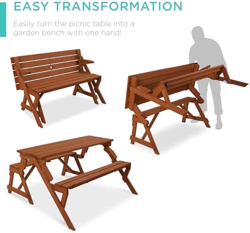Best Choice Products 2-in-1 Transforming Interchangeable Outdoor Wooden Picnic Table Garden Bench for Backyard, Porch, Patio, Deck w/Umbrella Hole - Acorn - Image 2