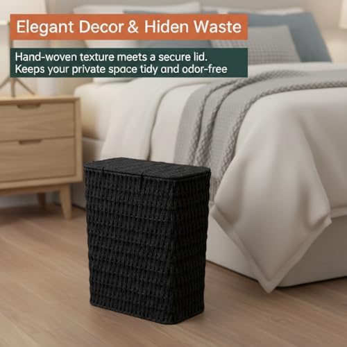 Coeusy 3 Gallon Paper Rope Bathroom Trash Can,Small Wicker Trash Cans with Lid and Liner,Woven Rattan Narrow Waste Basket for Bedroom,Office,Black - Image 7