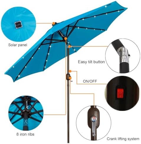 Blissun 9 ft Solar Umbrella, 32 LED Lighted Patio Umbrella, Table Market Umbrella, Outdoor Umbrella for Garden, Deck, Backyard, Pool and Beach (Light Blue) - Image 3