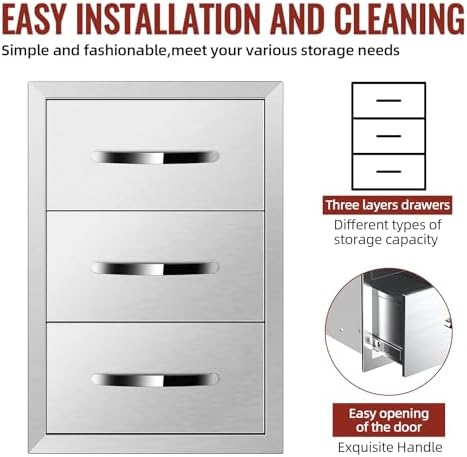 Outdoor Kitchen Drawers Stainless Steel, BBQ Drawer Inserts for Built-in Patio Grill Station, Triple Drawer, 14''W x 21''H x 21''D - Image 6