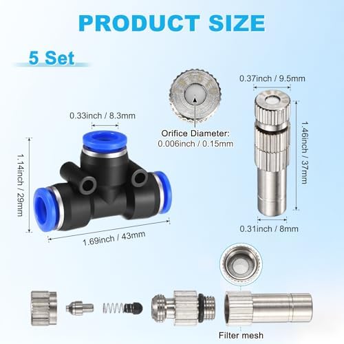 M METERXITY 5-Set Brass Misting Nozzles Tees Kit, 0.006"/0.15mm Orifice Mister Replacement Nozzles with Filter Mesh for Outdoor Cooling System/Greenhouse, Water Misting Nozzle Tees Kits - Image 3