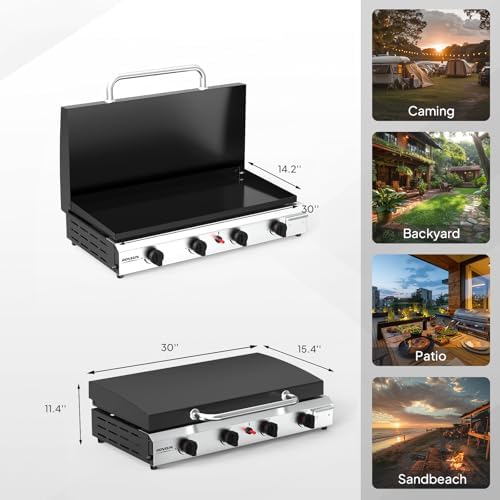 ROVSUN 4 Burner Portable Propane Griddle with Ignition & Regulator, 40,000 BTU Tabletop Flat Top Gas Grill with Enameled Tray & Lid for Outdoor Cooking Camping BBQ Tailgating Electronic - Image 6