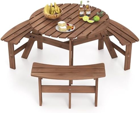 GIANTEX 6-Person Round Picnic Table Set with 3 Benches, 550 LBS Bench Capacity, 2" Umbrella Hole, Circular Outdoor Wood Dining Table & Chairs for Patio Yard Garden Porch Deck (68”x62”x28”,Brown) by Giantex