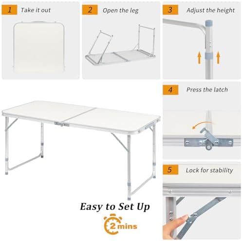 Aluminum Folding Camping Table,3 Adjustable Heights Lightweight (White, 4FT - Image 4