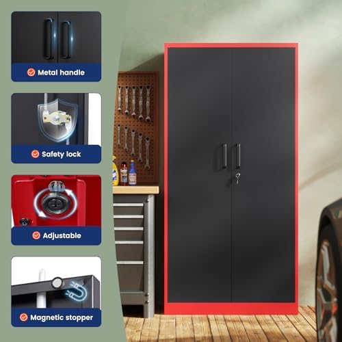 Yizosh Metal Garage Storage Cabinet with 2 Doors and 5 Adjustable Shelves - 71" Steel Lockable File Cabinet,Locking Tool Cabinets for Office,Home,Garage,Gym,School (Red Black) - Image 4