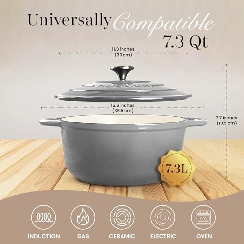 Cast Iron Dutch Oven with Lid - Non-Stick Ovenproof Enamelled Casserole Pot- Sturdy Dutch Oven Cookware - Grey, 7.3- Quart, 30cm- by Nuovva - Image 2