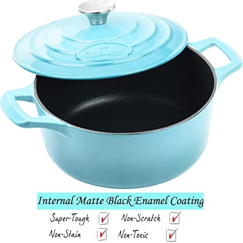 La Cuisine Enameled Cast Iron Dutch Oven Casserole Dish Pot with Lid, 3.7 QT 9.5 Inches Dia. Matte Black Enamel Interior, Teal Porcelain Enamel Exterior Oven-Safe - Image 3
