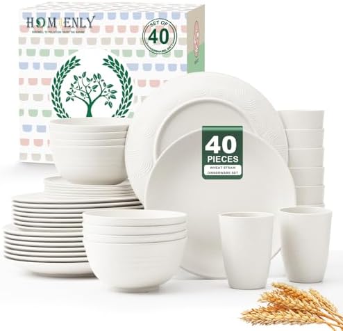 Homienly 40- Pieces Wheat Straw Dinnerware Set, Service for 8, Lightweight Roud Plates and Bowls Set, Unbreakable Dishes Set- Dinner Plates, Bowls, Cups,Microwave and Dishwasher Safe(White) by HOMIENLY