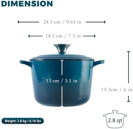 Flavehc Dutch Oven Pot with Lid 2.8 Qt Cast Iron Dutch Oven for Bread Baking, DarkCyan Enameled Cast Iron Soup Pot, Small Deep Dutch Oven for Soup, Stews & Small Family Meals - Image 4