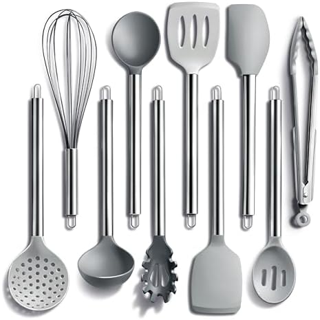 COOK WITH COLOR Silicone Cooking Utensils, Kitchen Utensil Set, Easy to Clean Silicone Kitchen Utensils, Cooking Utensils for Nonstick Cookware, Kitchen Gadgets Set, 10 Pieces, Grey Ombre by CookwithColor