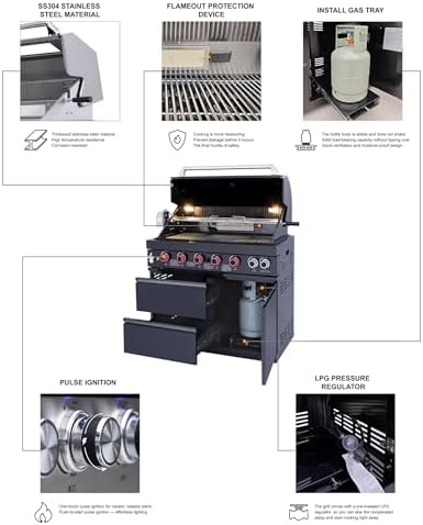 114'' Outdoor Kitchen Island, All-In-One 6 Burner Modular Outdoor Kitchen for Backyards, 83500 BTU, BBQ Grill with 304 Stainless Steel, Black Outdoor Kitchens with Sink, Refrigerator - Image 5