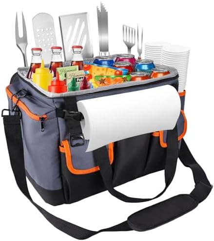 Large BBQ Grill Caddy with Paper Towel Holder, Foldable Insulated Picnic Organizer Bag for Outdoor Grilling, Tailgating, Camping, RV Trips, Must-Have Storage for Cooking Tools Supplies by Homyplaza