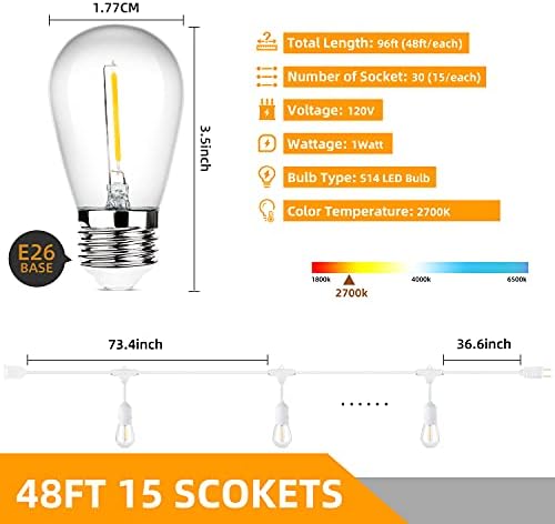 96FT(48×2) Outdoor String Lights, Commercial Grade Heavy Duty White Wire Patio Light with Dimmable S14 Shatterproof LED Bulbs, Linkable Waterproof Bistro Lights for Outside Deck Backyard Cafe Market - Image 6