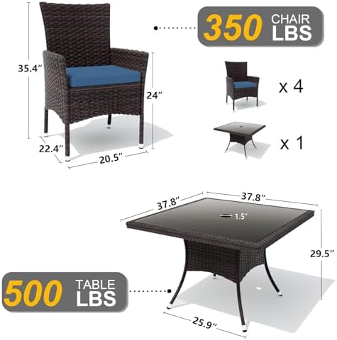Gotland 5 Piece Outdoor Dining Set, All-Weather Rattan Patio Furniture Set with Umbrella Hole Tempered Glass Square Table, Outdoor Table and Chairs with Removable Cushions for Backyard, Deck, Navy - Image 2
